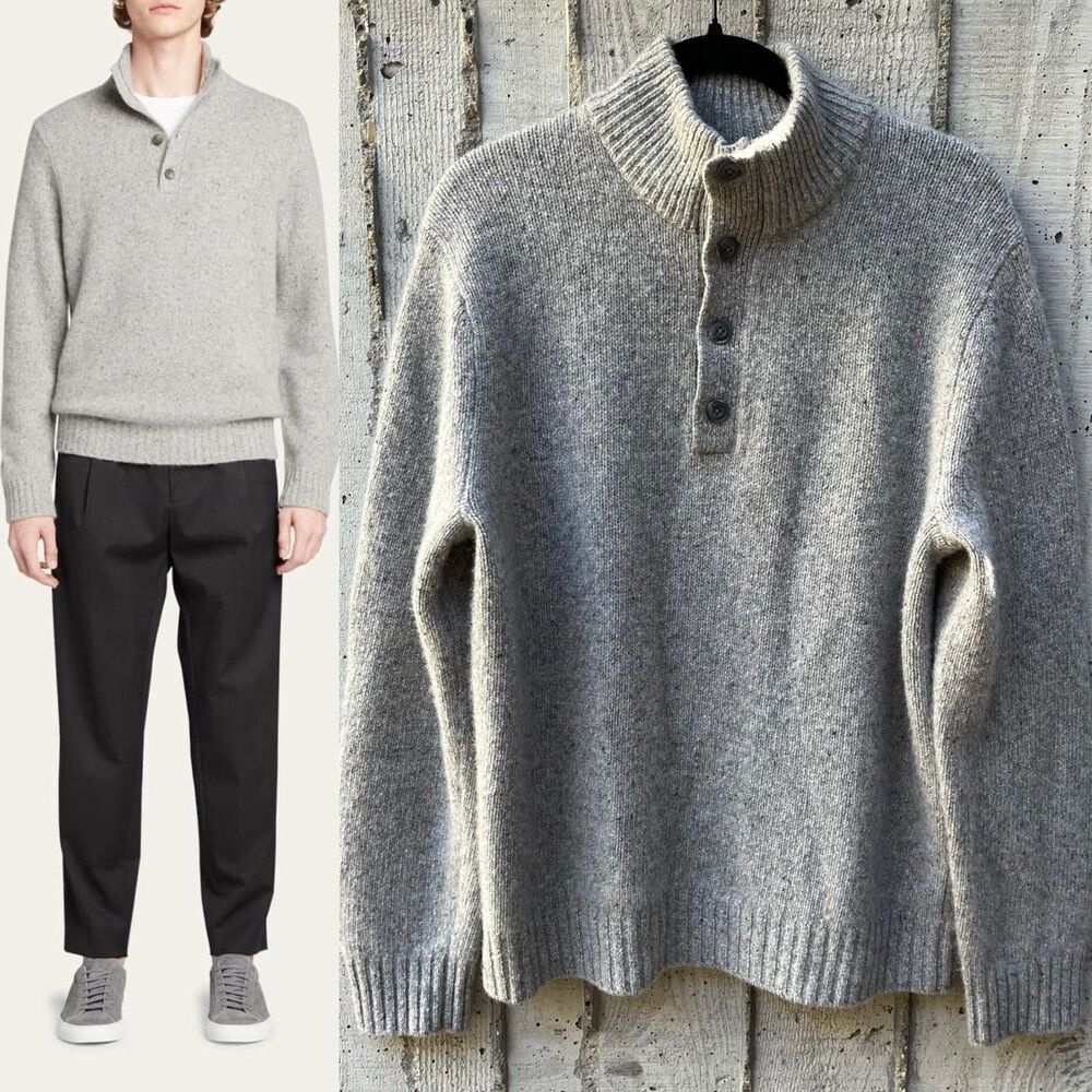 VINCE 100% Cashmere Henley Sweater Men's Size Large Gray Mock Neck Quiet Luxury